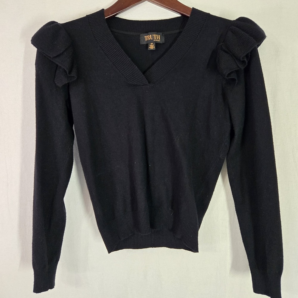 Truth‎ By Republic Womens S/P Black Ruffle Shoulder V-Neck Sweater